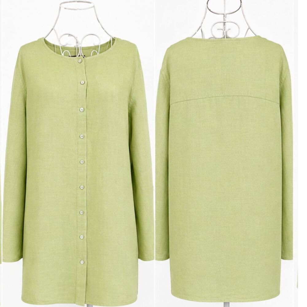 TAHARI Celery/White COLLARLESS 100% Linen Button Down Shirt Tunic Top Size 1X